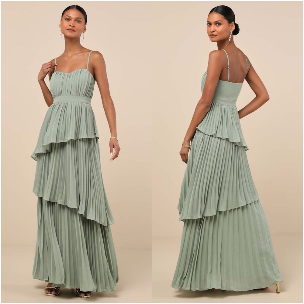 Lulu's Dusty Sage Pleated Tiered Maxi Dress